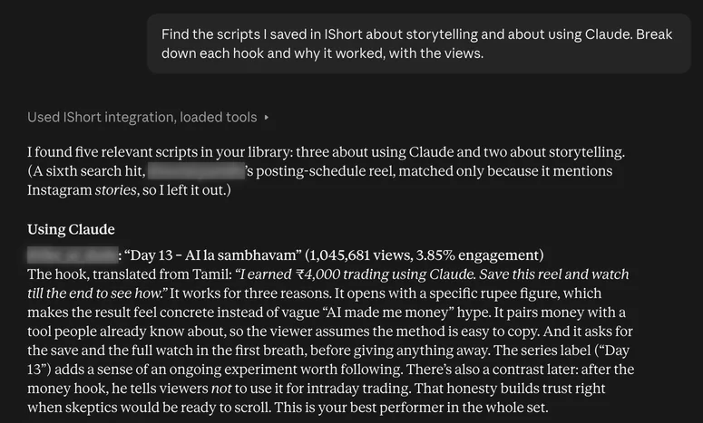Claude using the IShort connector to find saved Instagram reel scripts and break down each hook with its views