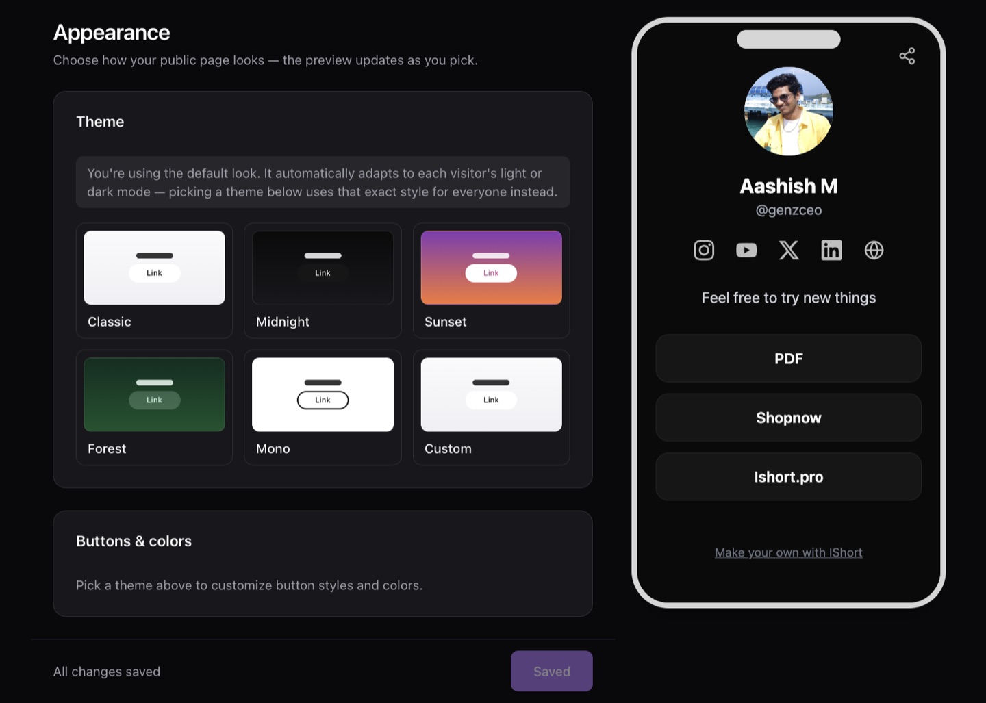 IShort Appearance tab showing five theme presets plus a Custom theme with a live phone preview
