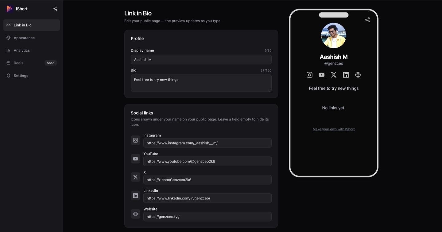 The IShort link-in-bio editor showing profile fields, social links, and a live phone preview