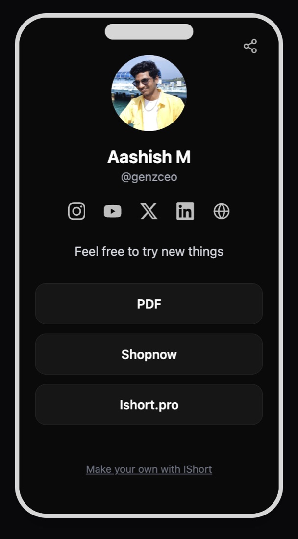 A live IShort link-in-bio page on a phone showing an avatar, handle, social icons, and tappable link buttons