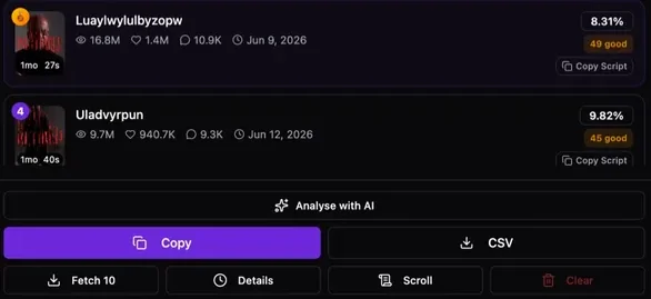 Bottom of the IShort reel list with the Analyse with AI, Copy, CSV, Fetch, Details and Scroll buttons