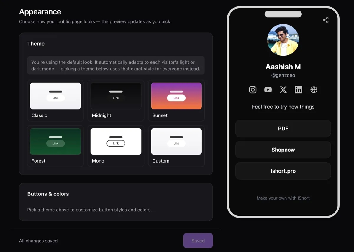 IShort Appearance tab showing five theme presets plus a Custom theme with a live phone preview