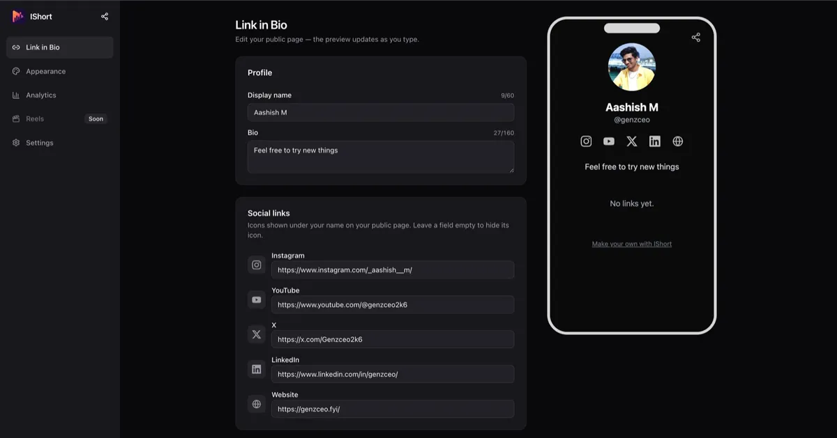 IShort Link in Bio editor showing profile fields, social links, and a live phone preview