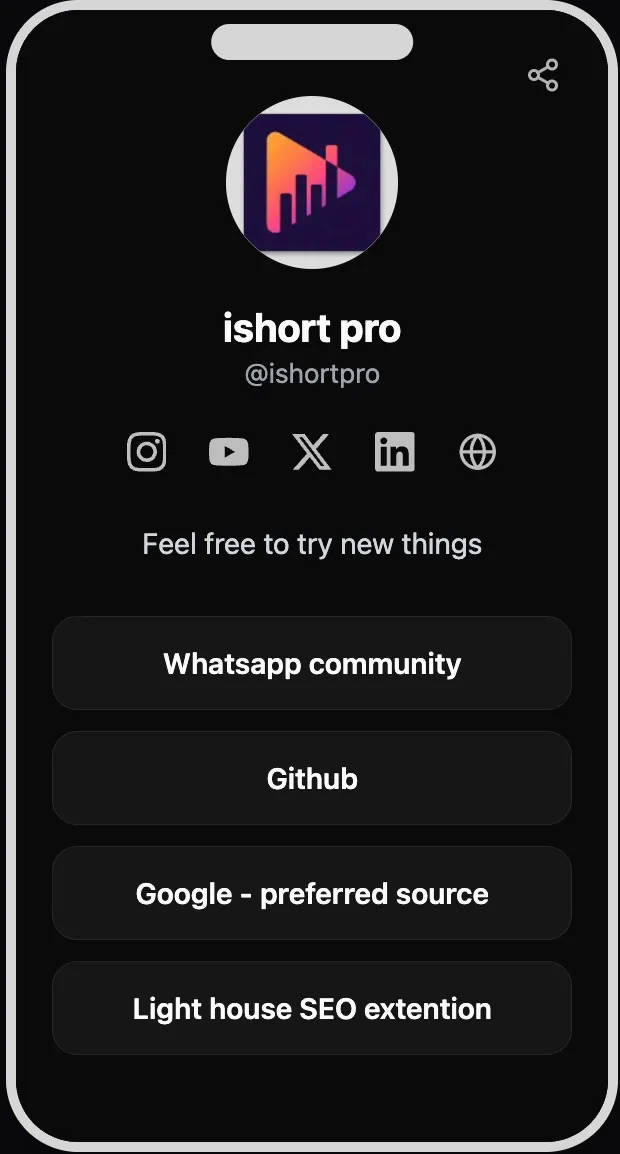 An IShort link-in-bio page on a phone: avatar, social icons and tappable link buttons