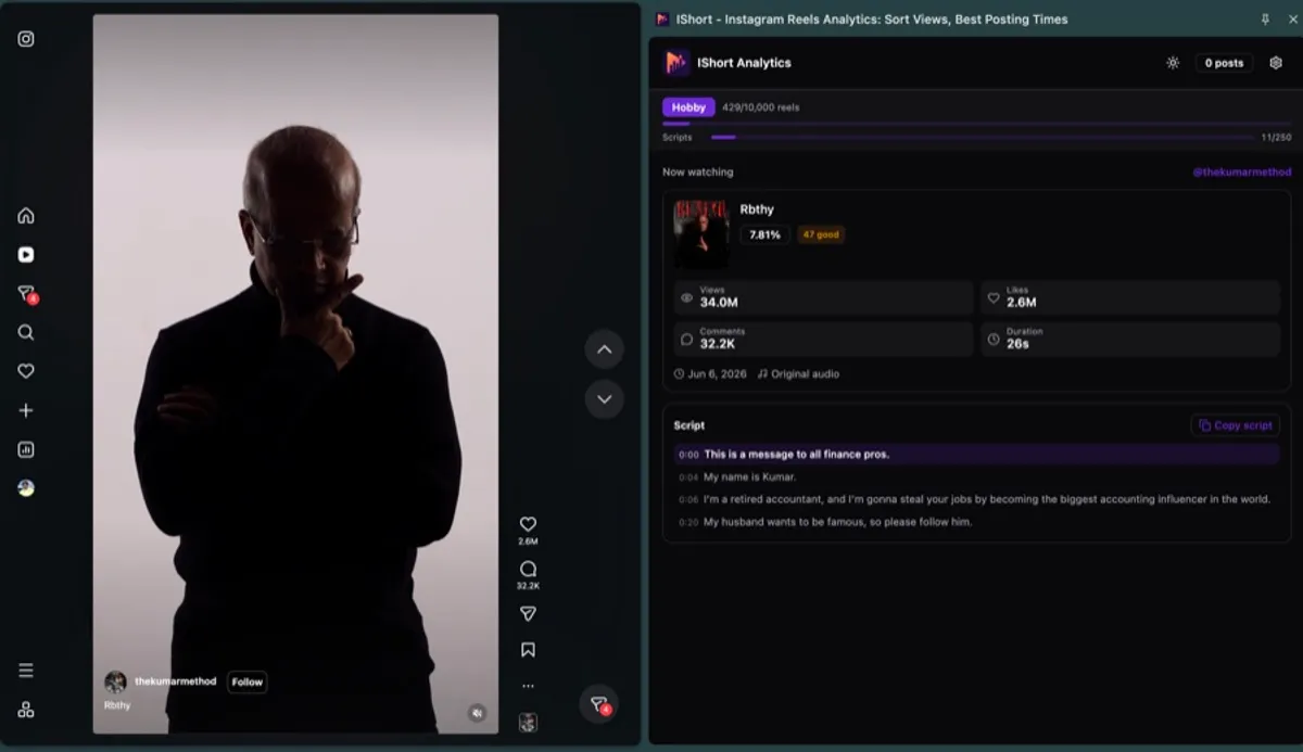 IShort analyzing a Reel with the script transcript panel open